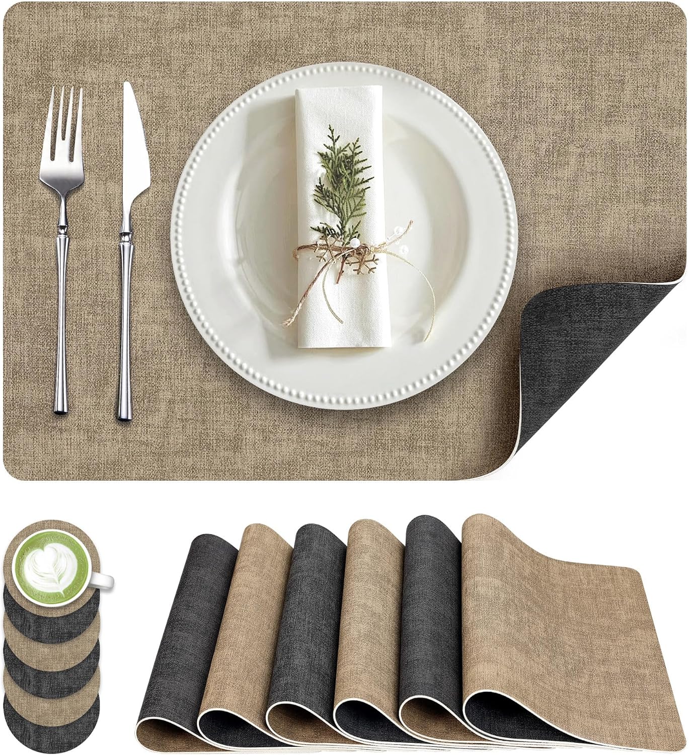 Faux Leather Dual Sided Placemats Set of 6, Square Non-Slip Heat Resistant Placemats with Coaster, Reversible wipeable Waterproof Table Mats for Kitchen, Dining, Outdoor (6, Black Light Coffee)