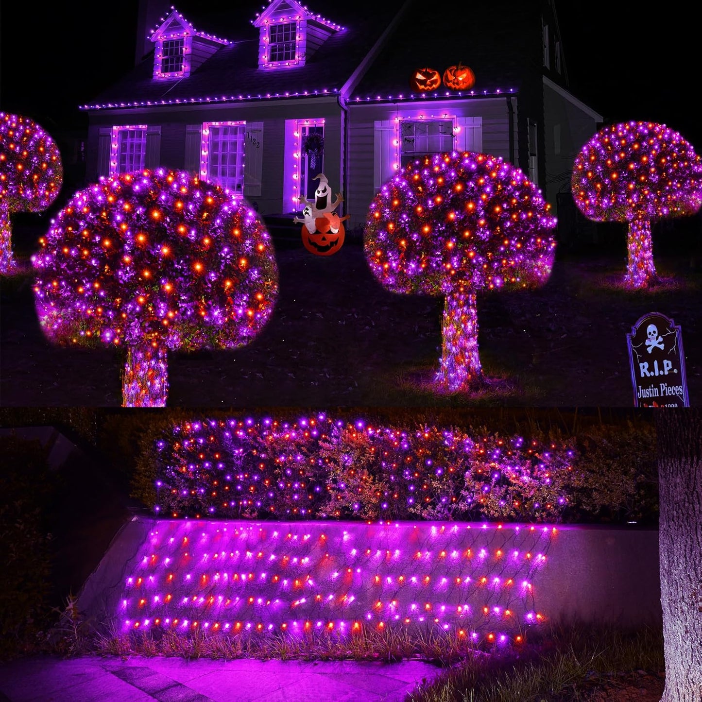 WBao Halloween Lights Outdoor 360LED 11.5ft x 6.9ft Halloween Net Lights with 8 Modes, Timer, Connectable, Waterproof & Dark Green Wire for Lawn, Bushes Outdoor Holiday Decorations, Orange Purple