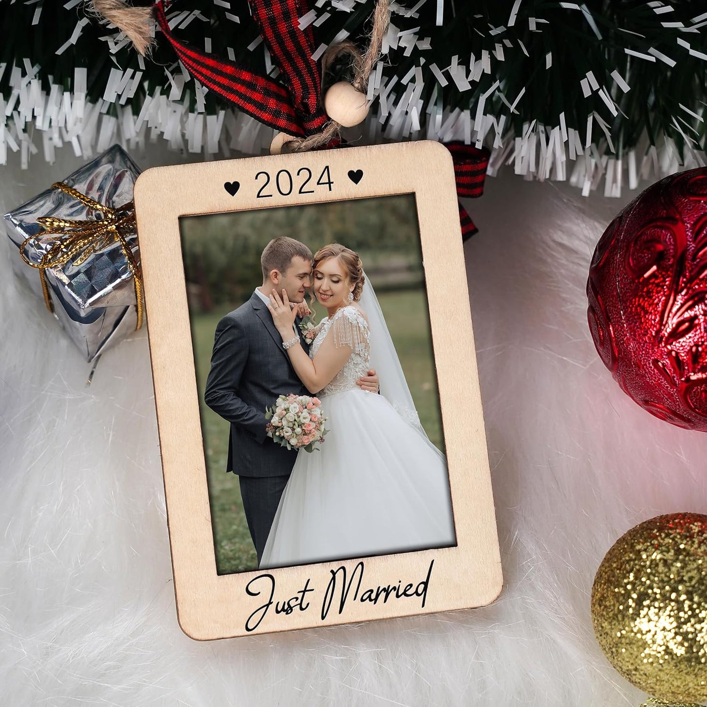 Christmas Photo Frame Ornament, 2025 Ornament, Wooden Picture Frame Ornaments With Hanging String (Married)
