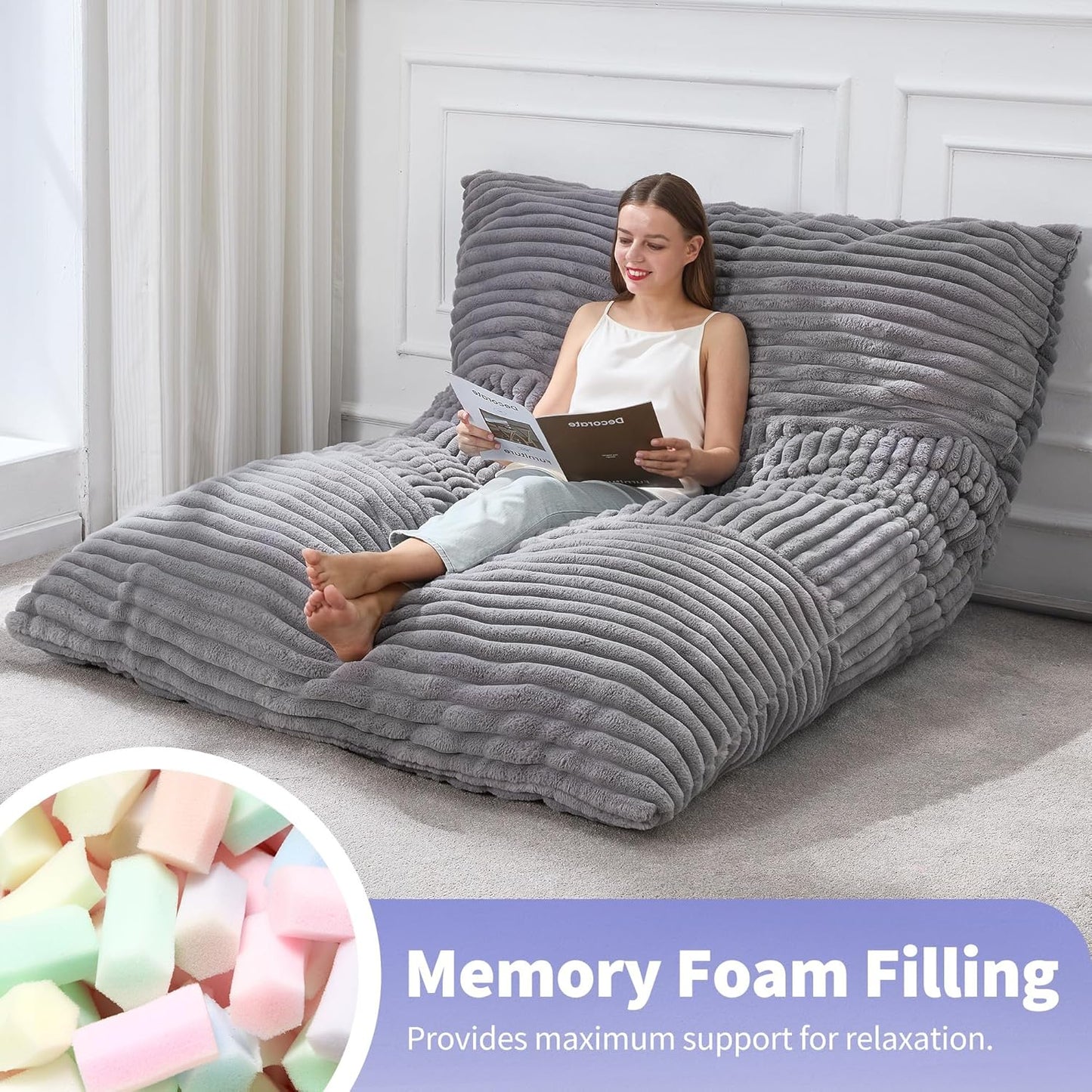 Hobestluk 3 in 1 Bean Bag Chair Giant Bean Bag Chairs Convertible Bean Bag Floor Cushion with Machine Washable Cover, Beanbag Chairs for Adult (Grey)