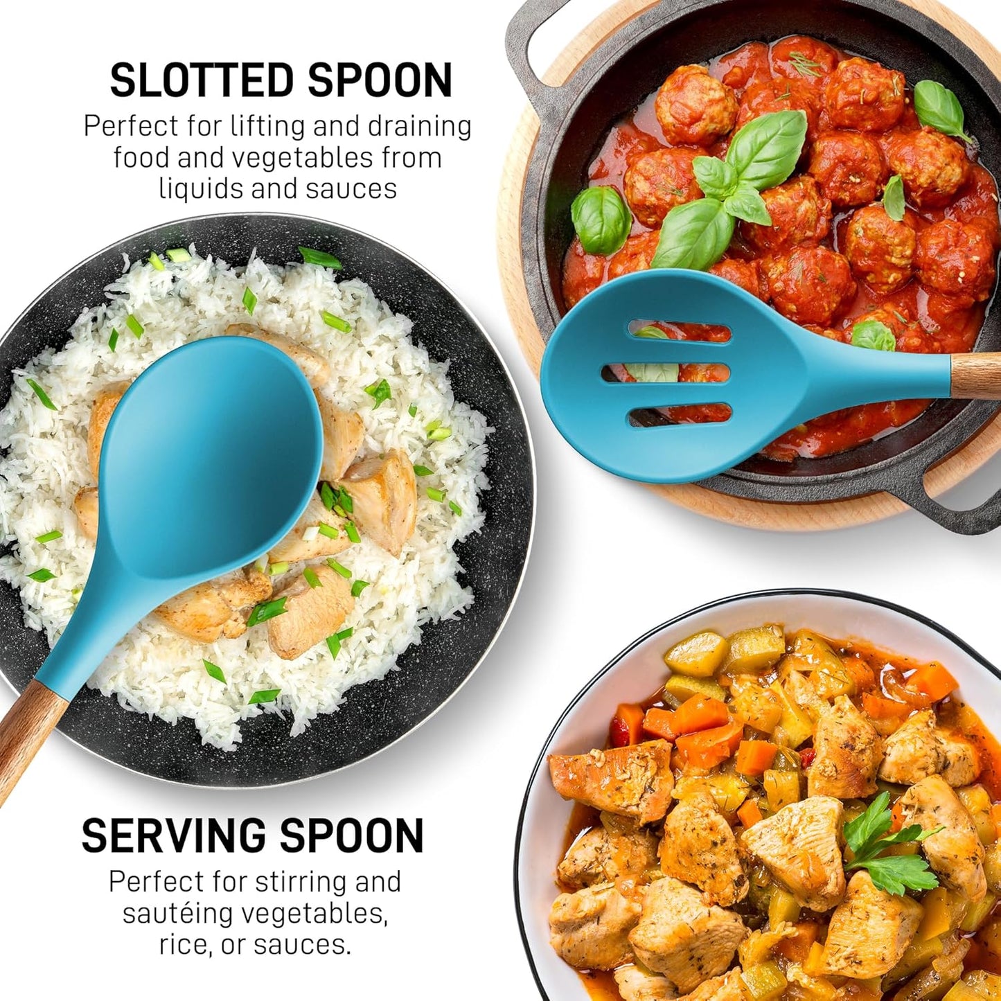 Zulay Kitchen Non-Stick Cooking Utensils Set with Authentic Acacia Wood Handles – 5-Piece Durable & Stylish Silicone Kitchen Utensils Set – Heat Resistant to 464°F – Blue