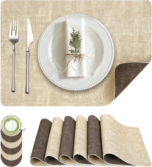 Faux Leather Dual Sided Placemats Set of 6, Square Non-Slip Heat Resistant Placemats with Coaster, Reversible wipeable Waterproof Table Mats for Kitchen, Dining, Outdoor (6, Beige Dark Coffee)