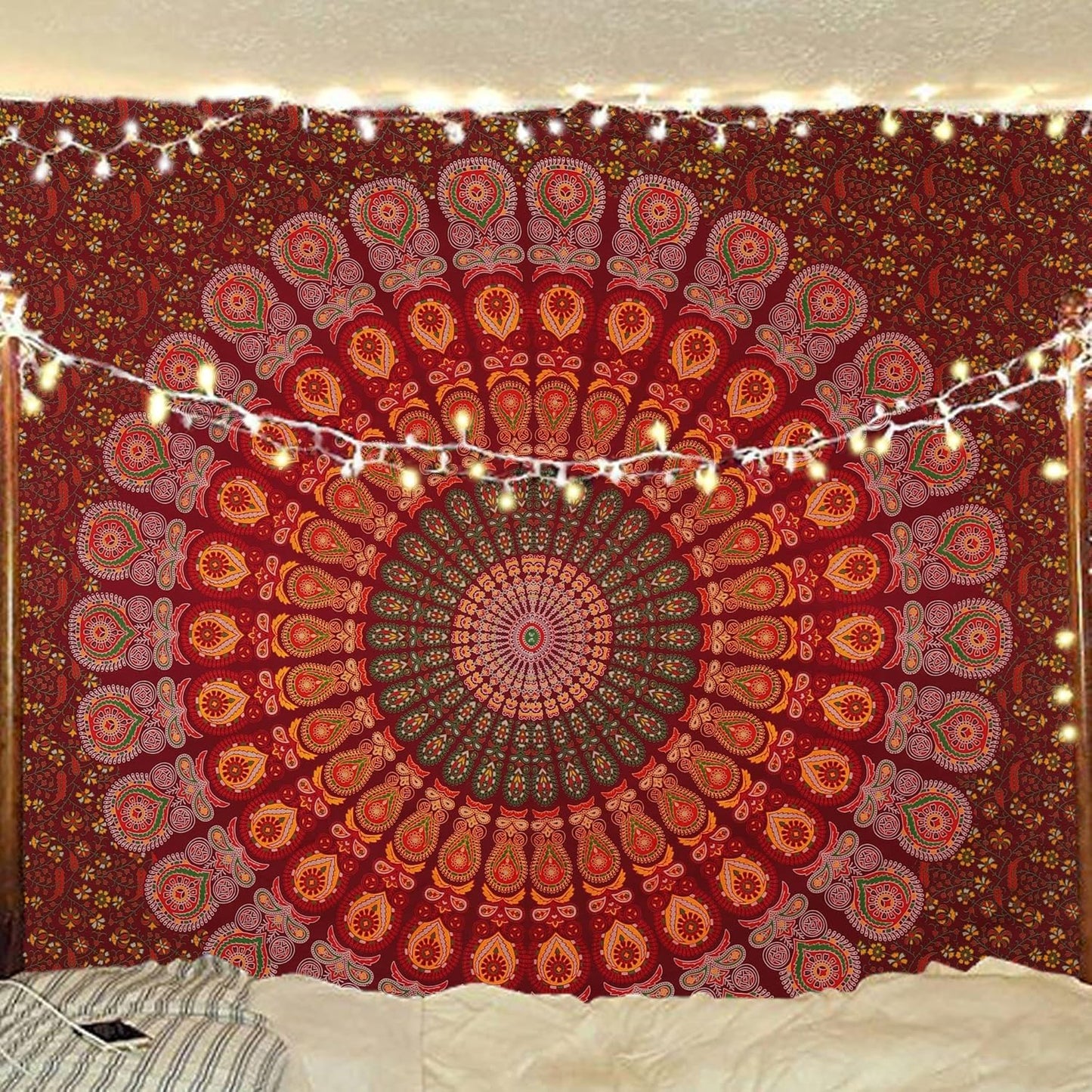 Bless International Handmade Indian hippie Bohemian Psychedelic Peacock Mandala Wall hanging College Dorm Beach Throws Table Cloth Bedding Tapestry (Maroon Yellow, King(88x104Inches)(225x265Cms))