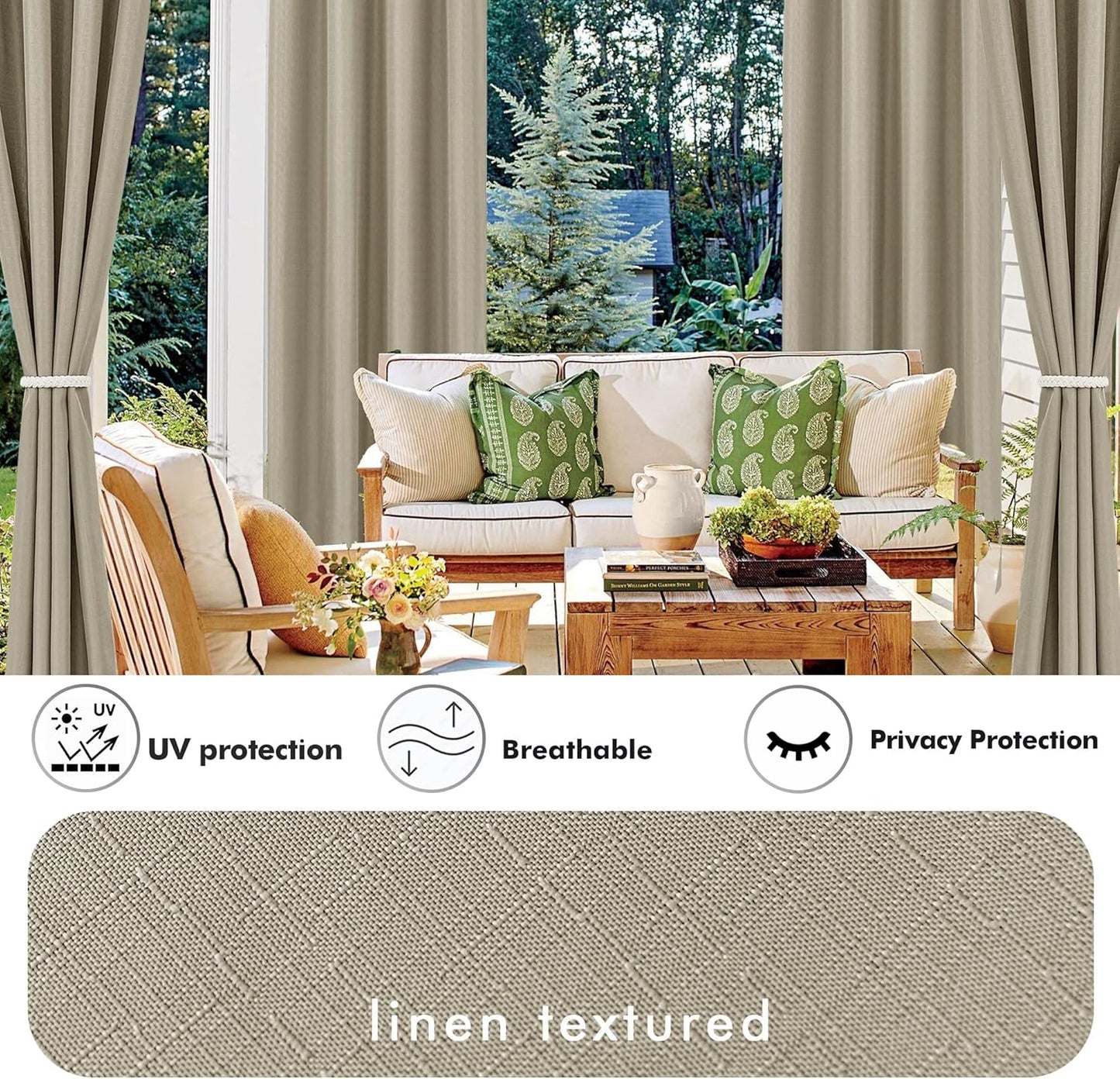 HolidayIdeas 2 Panels Linen Outdoor Curtains for Patio Waterproof Taupe Curtains 54"x 95"-Outside Curtains Weatherproof, Privacy, Textured for Pergola, Porch, Cabana, Gazebo