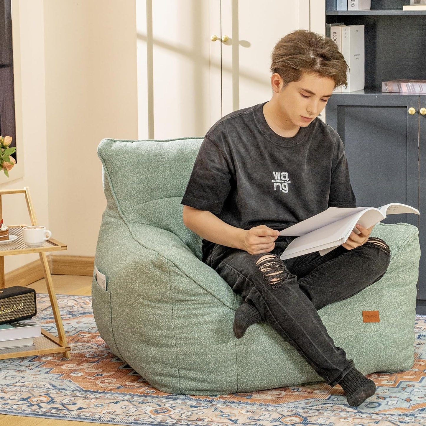 Bean Bag Chair for Adults, Comfy Tufted Bean Bag Chair Sofa with Armrests, Lazy Beanbag Chair with Foam Filler Stuffed Bean Bag Couch Sofa for Reading in Bedroom, Living Room and Dorms