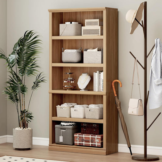 70 in Tall Bookcase, White Bookshelf Open Storage 5-Tier Shelves, 33 inch Wide Floor Standing Indoor Furniture, Book Cases for Home School Library Office Bedroom Kids, Oak 5 Tiers