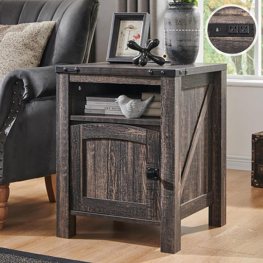 OKD Farmhouse Nightstand with Charging Station, 18" Rustic End Table with Adjustable Storage Shelf, Wood Rustic Wood Sofa Side Table for Bedroom
