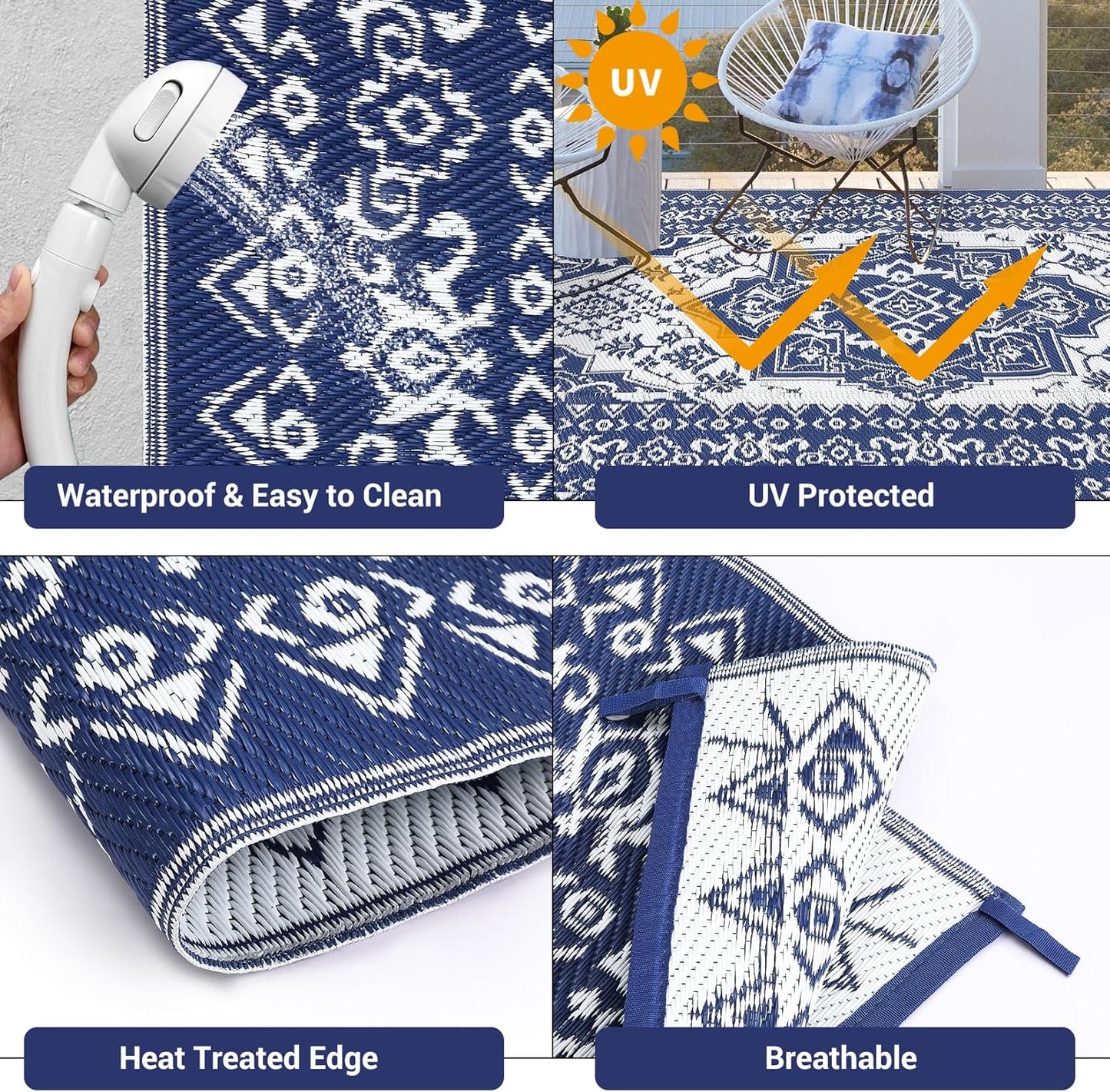 GAOMON Outdoor Rugs for Patio 9x12 Waterproof Reversible Plastic Straw Rug, Large UV-Resistant Portable RV Camping Mats, Indoor Outdoor Medallion Carpet for Deck Porch Garden, Dark Blue & White