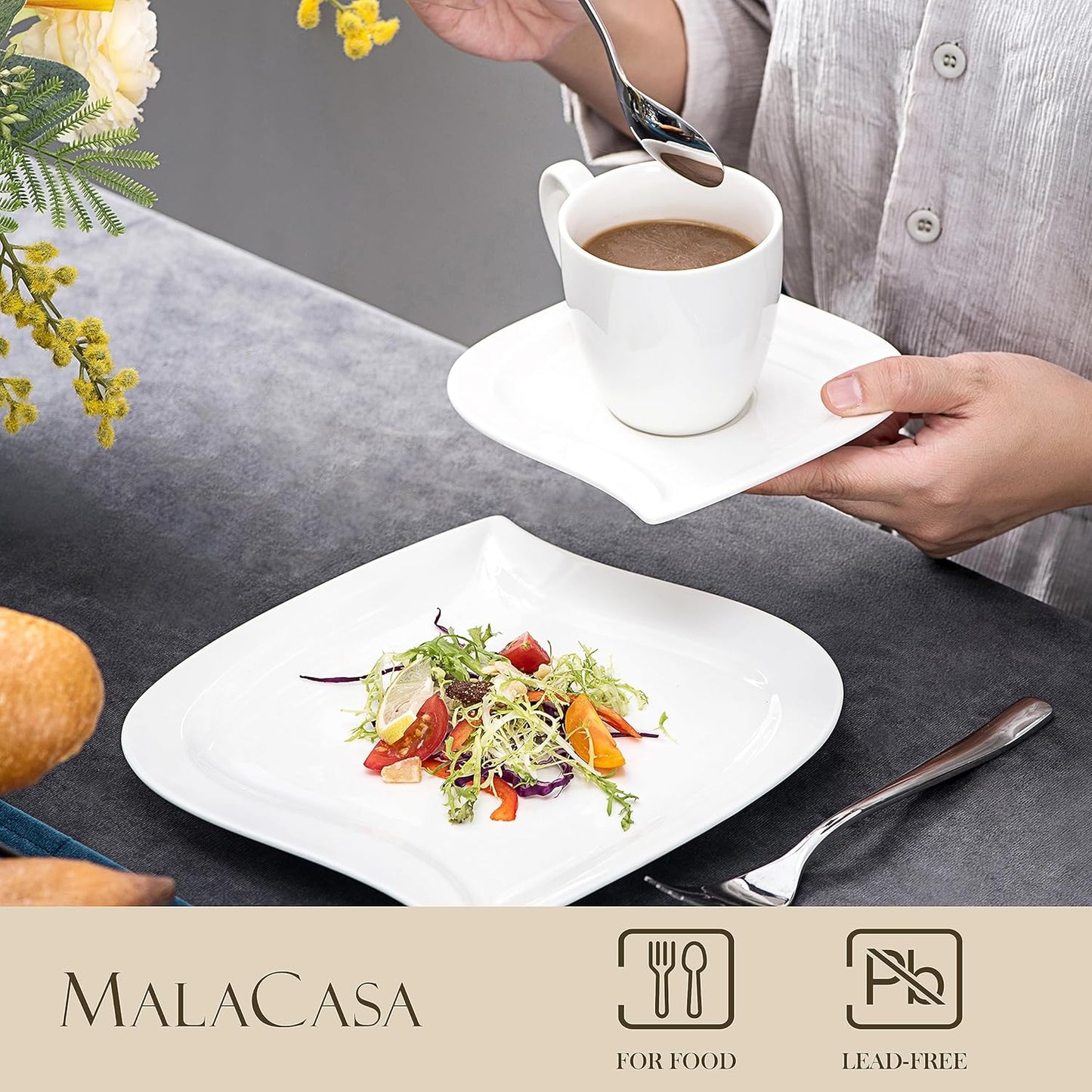 MALACASA Dinnerware Sets, 30 Piece Ivory White Plates and Bowls Sets for 6, Porcelain Dishes Set with Dinner Plate Set, Cup and Saucer, Kitchen Dinner Dining Ware Set, Microwave Safe, Series Elvira