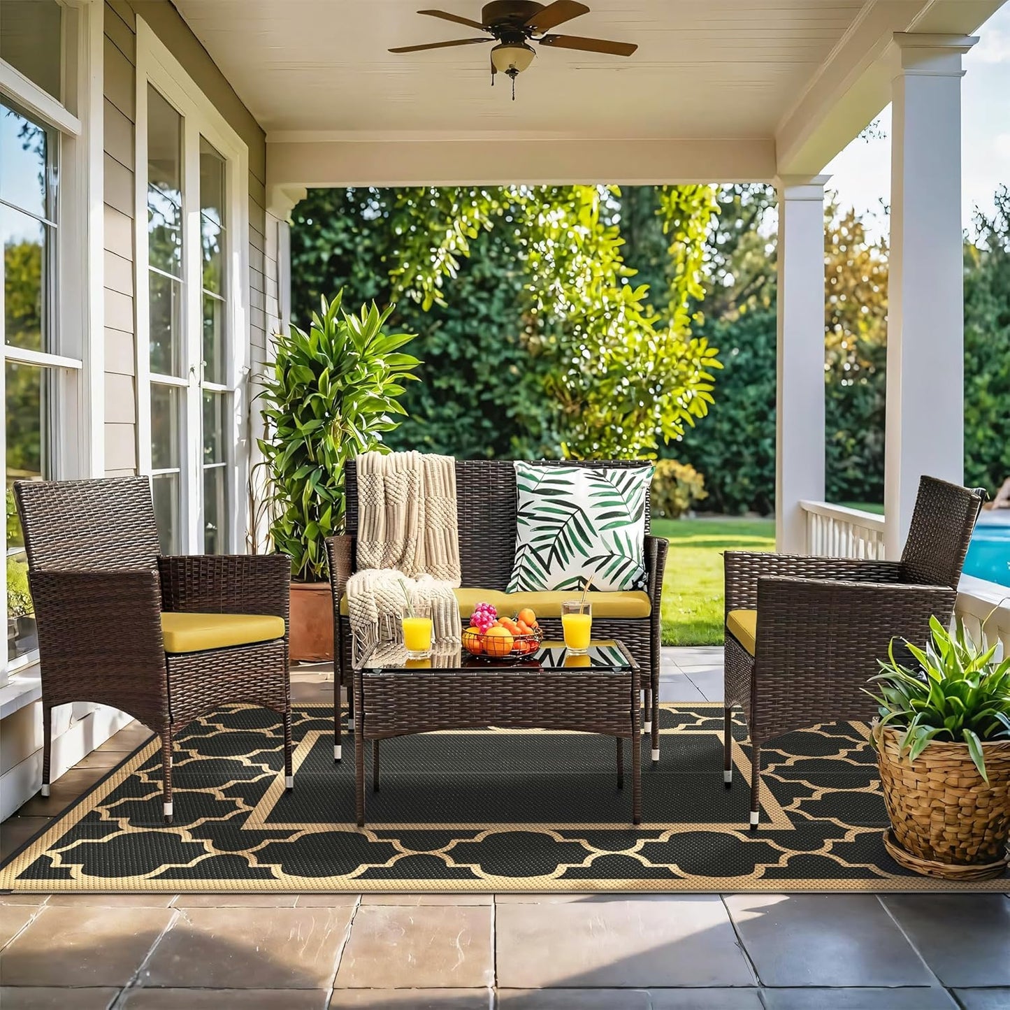 GENIMO 4 ' x 6 ' Outdoor Rug for Patio Clearance, Waterproof Indoor Outdoor Plastic Straw Rugs Carpet, Reversible Outside Area Rv Mat for Camping, Balcony Porch, Deck, Picnic, Beach (Black & Brown)