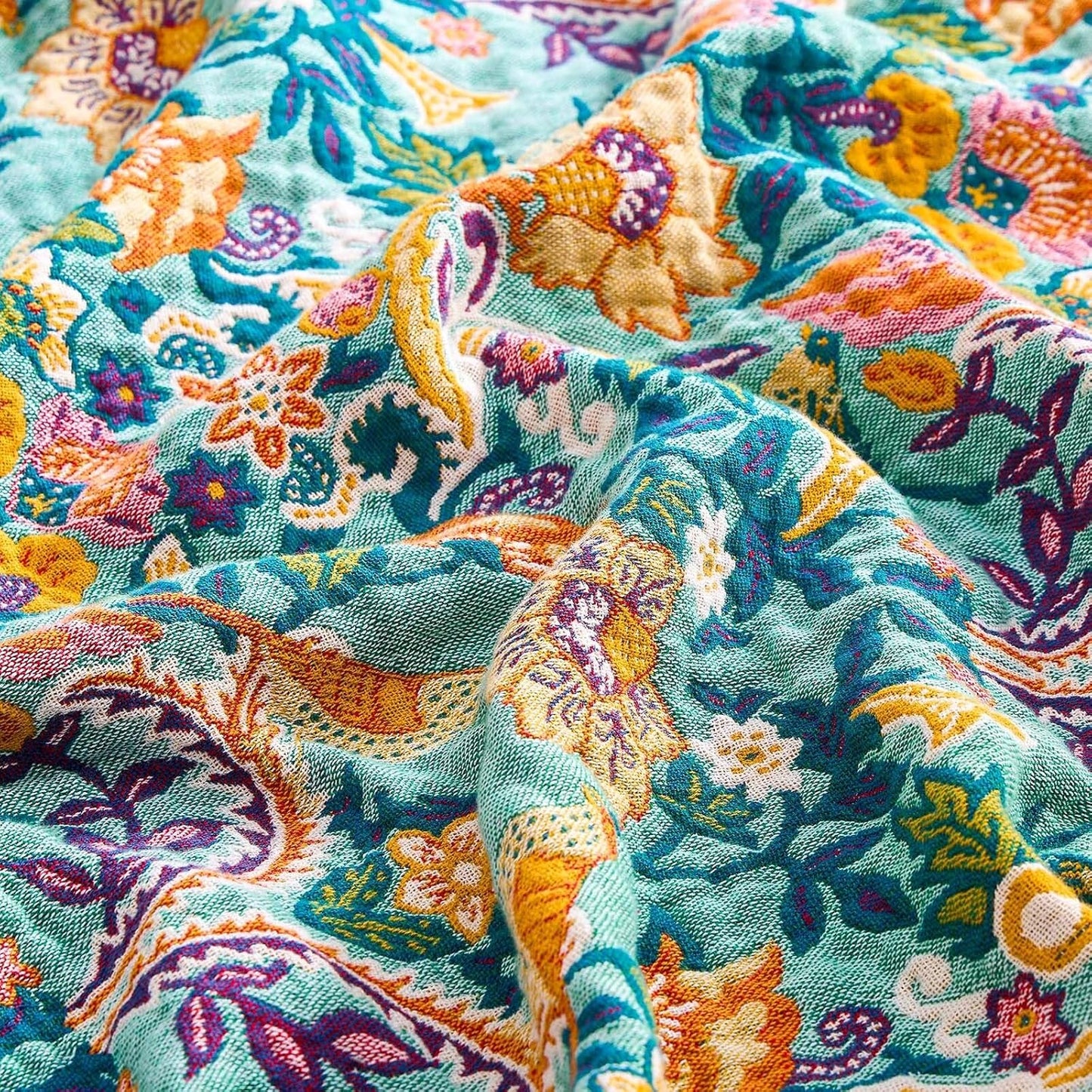 Boho Blanket Throw Quilt, 100% Cotton Soft Light Weight Throw Blankets for Summer, 50"x60" Farmhouse Flower Decorative Blankets, All Season Rustic Reversible Bohemian Throw Quilt