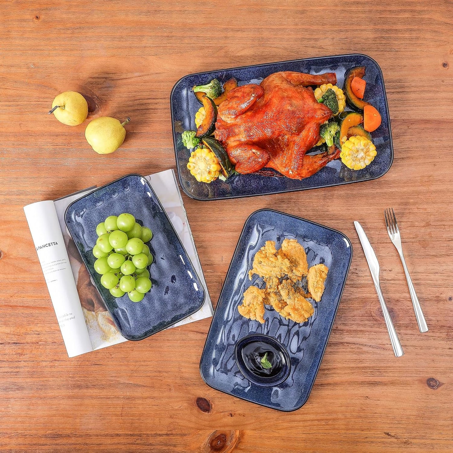 vicrays Ceramic Rectangle Serving Platters - 14" 12" 10" Porcelain Serving Trays Plates for Party BBQ Appetizers Sushi Dessert - Microwave Oven and Dishwasher Safe - Set of 3 Blue