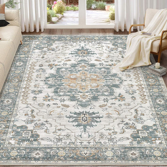 Washable Area Rugs for Living Room - 7x9 Neutral Vintage Distressed Floral Farmhouse Boho Large Soft Floor Rug Indoor Non Slip Carpet for Living Room Bedroom Dining Room Office - Green/Grey