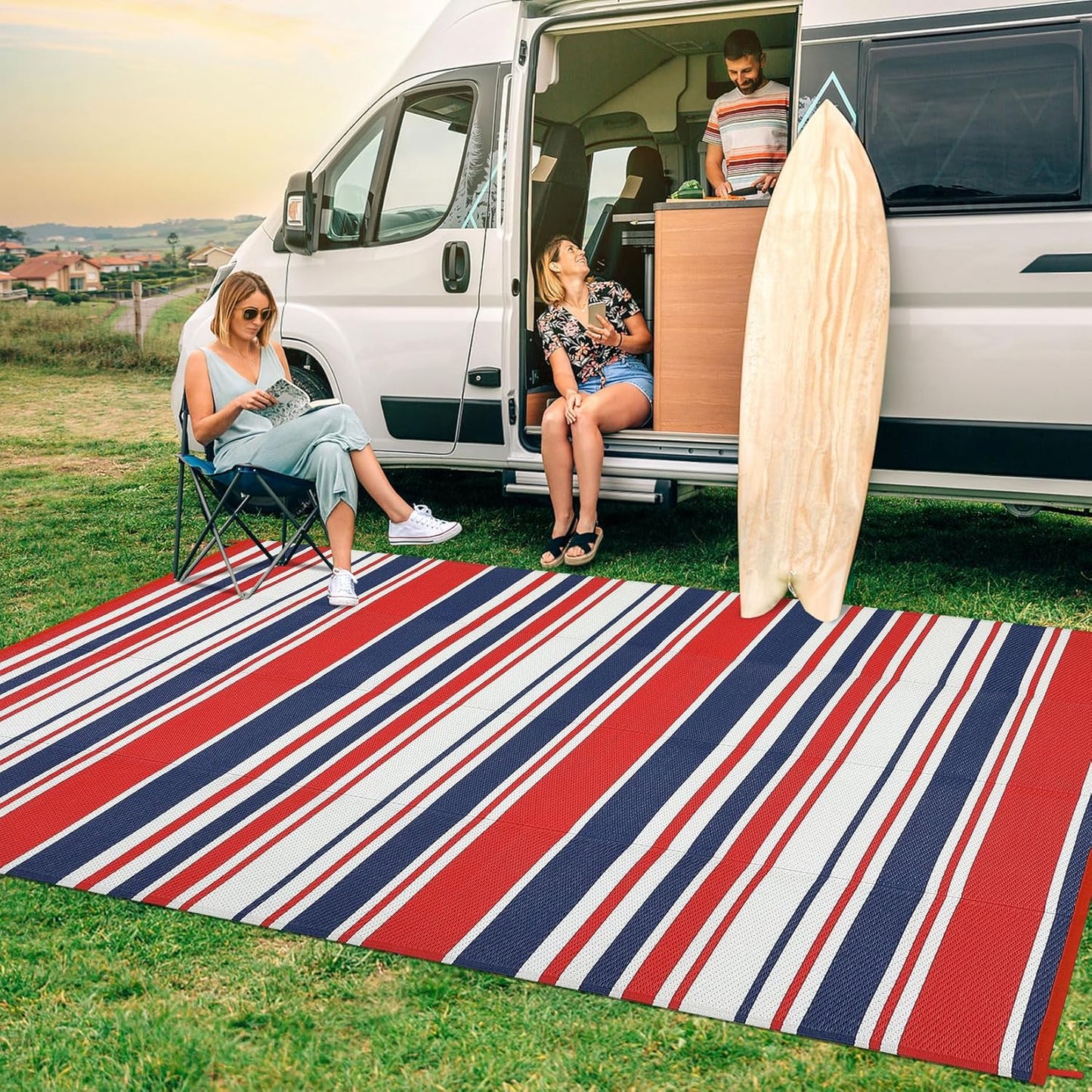 Outdoor Plastic Straw Rug 9x18 Waterproof Outside Rug, Large Modern Striped Reversible Floor Mats, Foldable & Lightweight Camping Carpet for Patio, Porch, Deck, Backyard, Balcony, Red Blue White