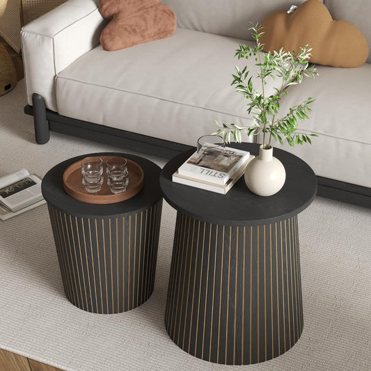 Round Coffee Table Set,2-Piece Modern Farmhouse Living Room End Table Set, Nesting Table Round Natural Finish for Living Room (Black, 17.72'')