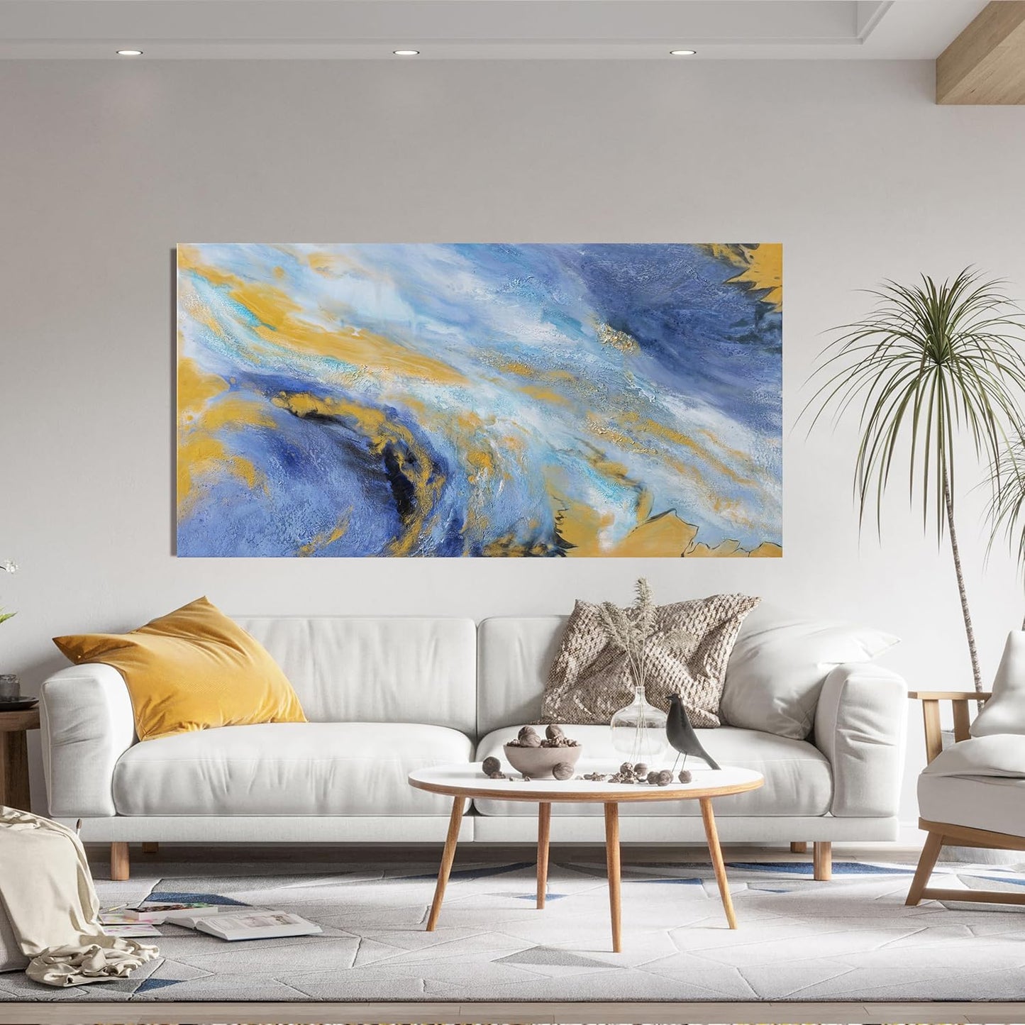Canvas Wall Art Decor Large Blue Gold Wall Art Prints Modern Abstract Wall Art for Living Room Art Work for Wall Decor Azure - Gold Fluid Symphony Artwork for Walls Home Office Decor 24" X 48"