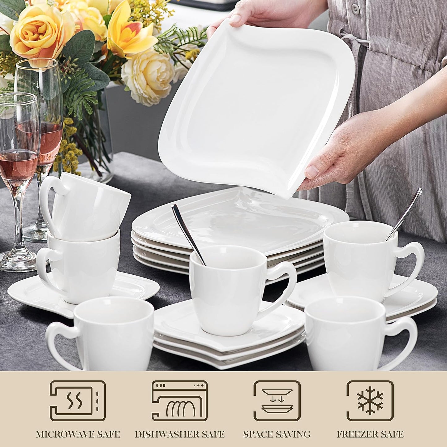MALACASA Dinnerware Sets, 30 Piece Ivory White Plates and Bowls Sets for 6, Porcelain Dishes Set with Dinner Plate Set, Cup and Saucer, Kitchen Dinner Dining Ware Set, Microwave Safe, Series Elvira