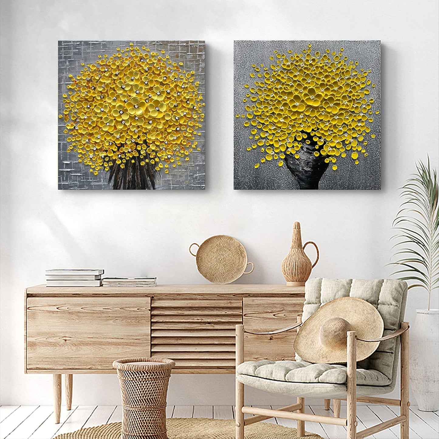 Epicler 24x24 Inch Hand-Painted 3D Yellow Flower Art Oil Painting, Modern Flower Canvas Wall Painting, Contemporary Abstract Canvas Oil Painting Home Wall Decoration