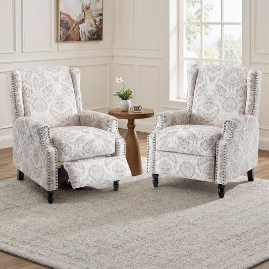 UIXE Recliner Chairs Set of 2, Fabric Upholstered Armchair Pushback Accent Chair for Living Room, Floral Rivet Trim Club Chair Home Theater Single Sofa Bedroom Side Reading Seat - Beige Pattern