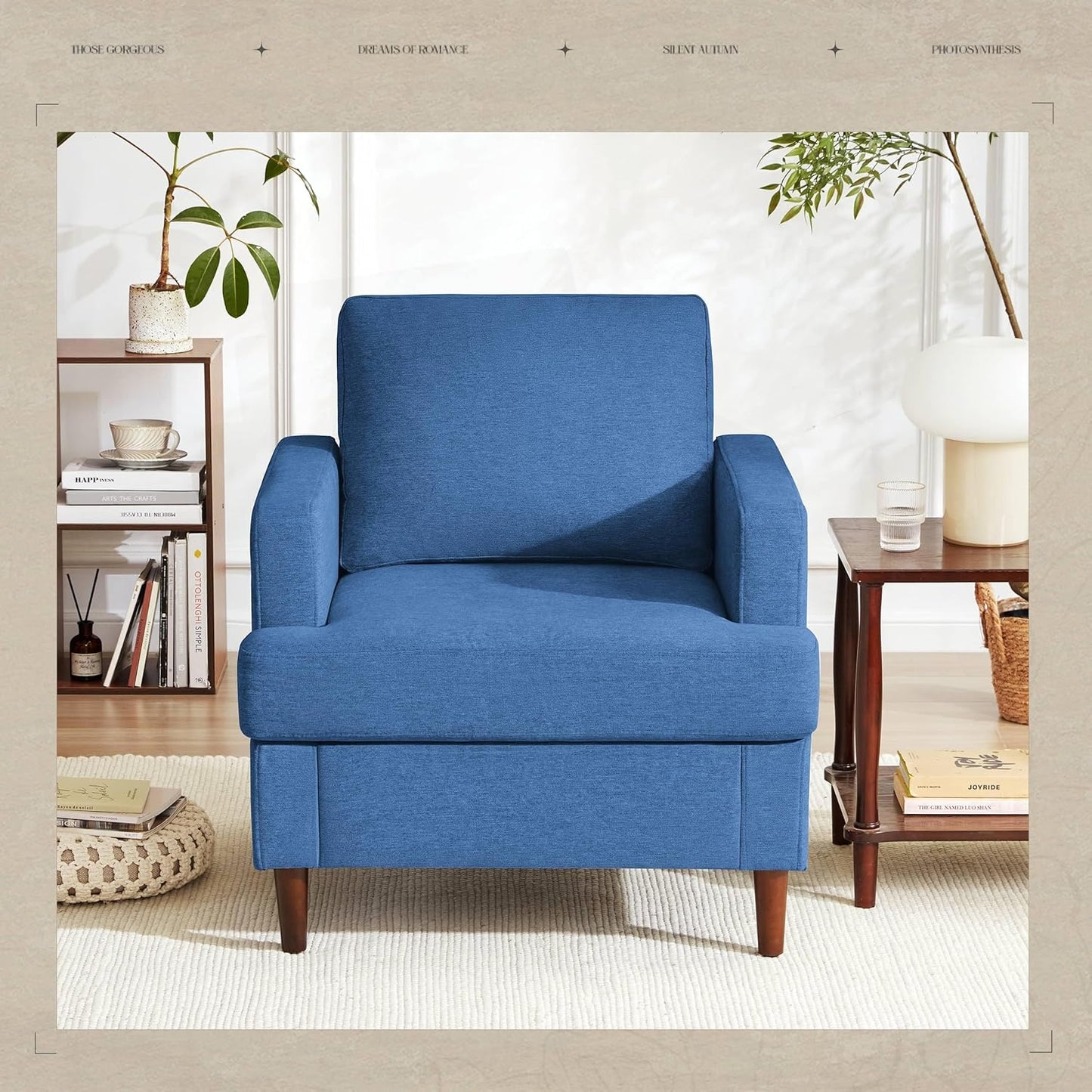 Mid-Century Accent Chair,Modern Linen Fabric Armchair for Living Room,Comfy Upholstered Reading Accent Chairs for Bedroom,Single Sofa Chair with Wood Legs (Blue, 2 Pack)