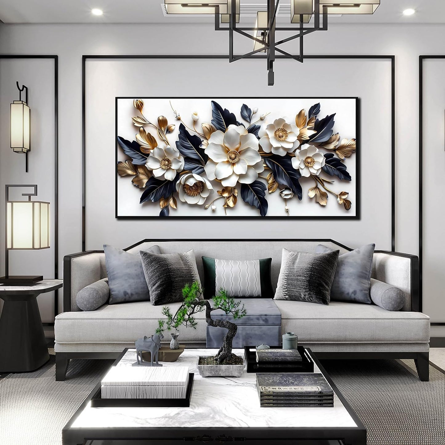 White Flower Wall Decor for Living Room - Modern Blue White and Gold Wall Art Bedroom - Black Framed Wall Art Size 24" x 48"