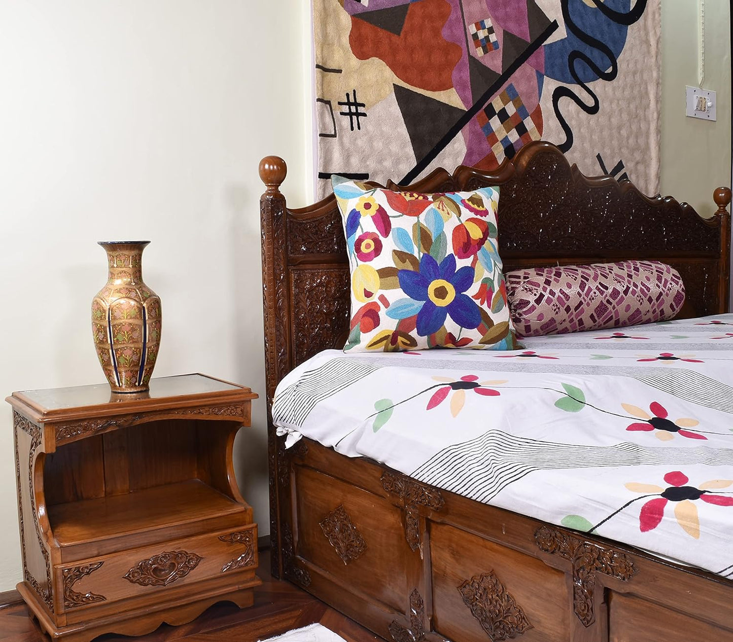 Cream Floral Pillow Cover Blue Flower Pillowcase Boho Cushion Florals Accent Throw Pillowsham Wool Hand Embroidered Size 18x18