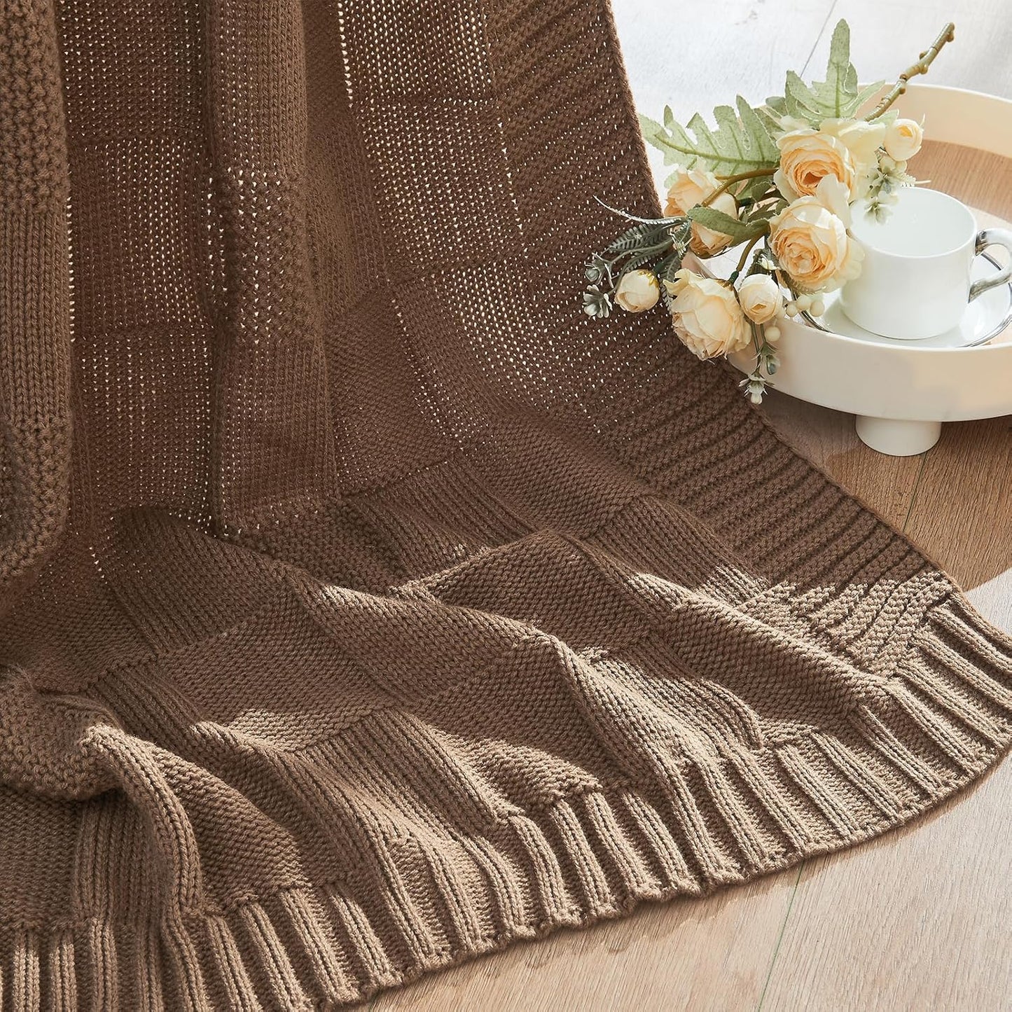 CozeCube Check Knit Throw Blanket, Light Brown Checkered Throw for Couch, Decorative Christmas Soft Cozy Warm Knitted Blanket for Bed Sofa Living Room, 50"X60"