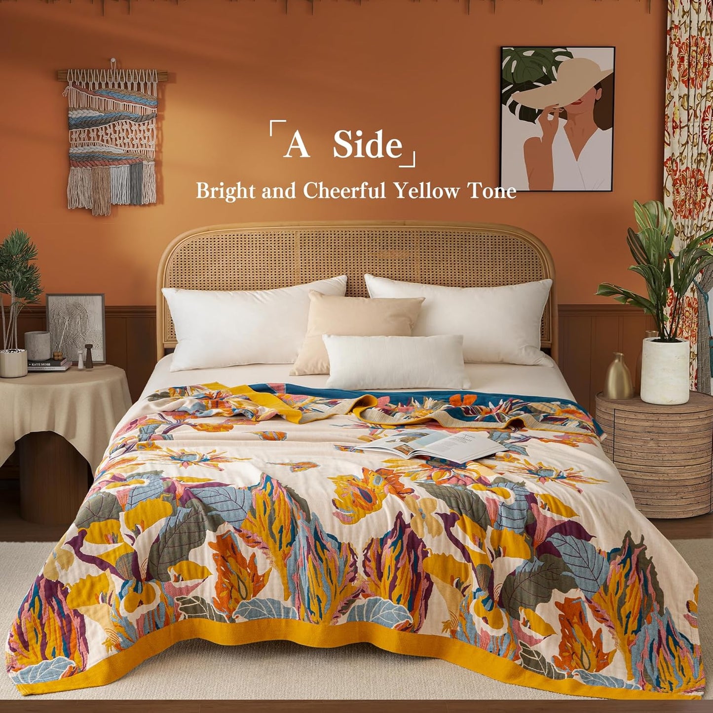 Boho Throw Blanket Full Size, Extra Large Soft Cozy Cotton Muslin Quilt Blanket for Bed Decor, Floral Patterned Couch Sofa Chair Cover, Vintage Farmhouse Cottage Woven Blanket, Yellow&Blue