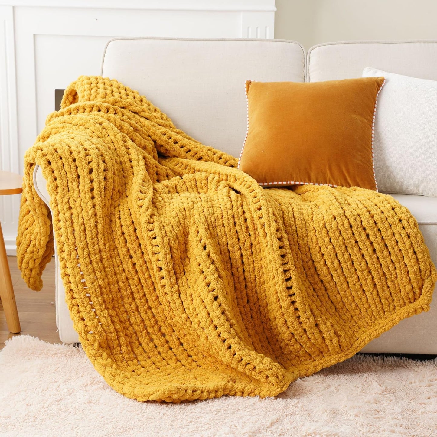 Battilo Chunky Knit Throw Blanket, Soft and Thick Chenille Throw Blanket, 50"x60" Handmade Cable Knit Crochet Blanket, Large Rope Knot Throw Blankets for Couch Sofa Bed Home Decor, Mustard