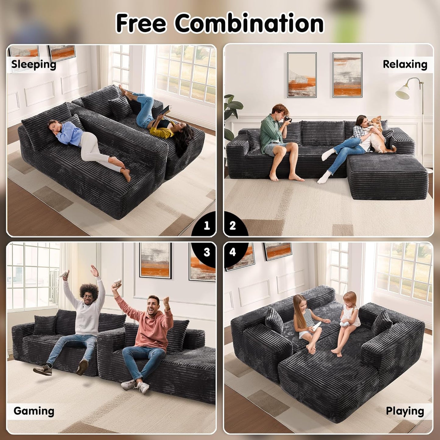 ovios 104" Cloud Sectional Couch with L-Shape Chaise,Modern Modular Sofa with Deep Seat, Upholstered Couches for Living Room Bedroom,No Assembly Required, Grey (Plush Corduroy Fabric)