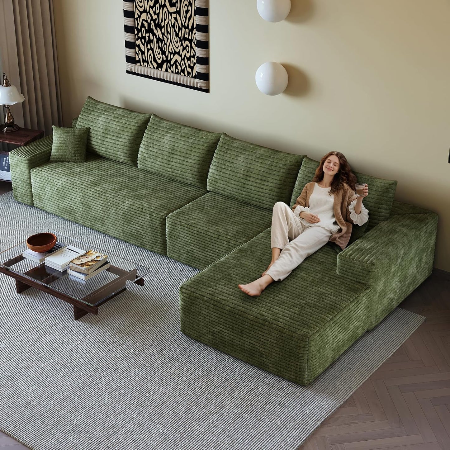 136" Sectional Couches for Living Room Modern Modular Sofa with L-Shape Couchs Upholstered Boneless Couch Deep Seat Sectional Couch with Chaise (Green, Right Facing Chaise+3Seaters)