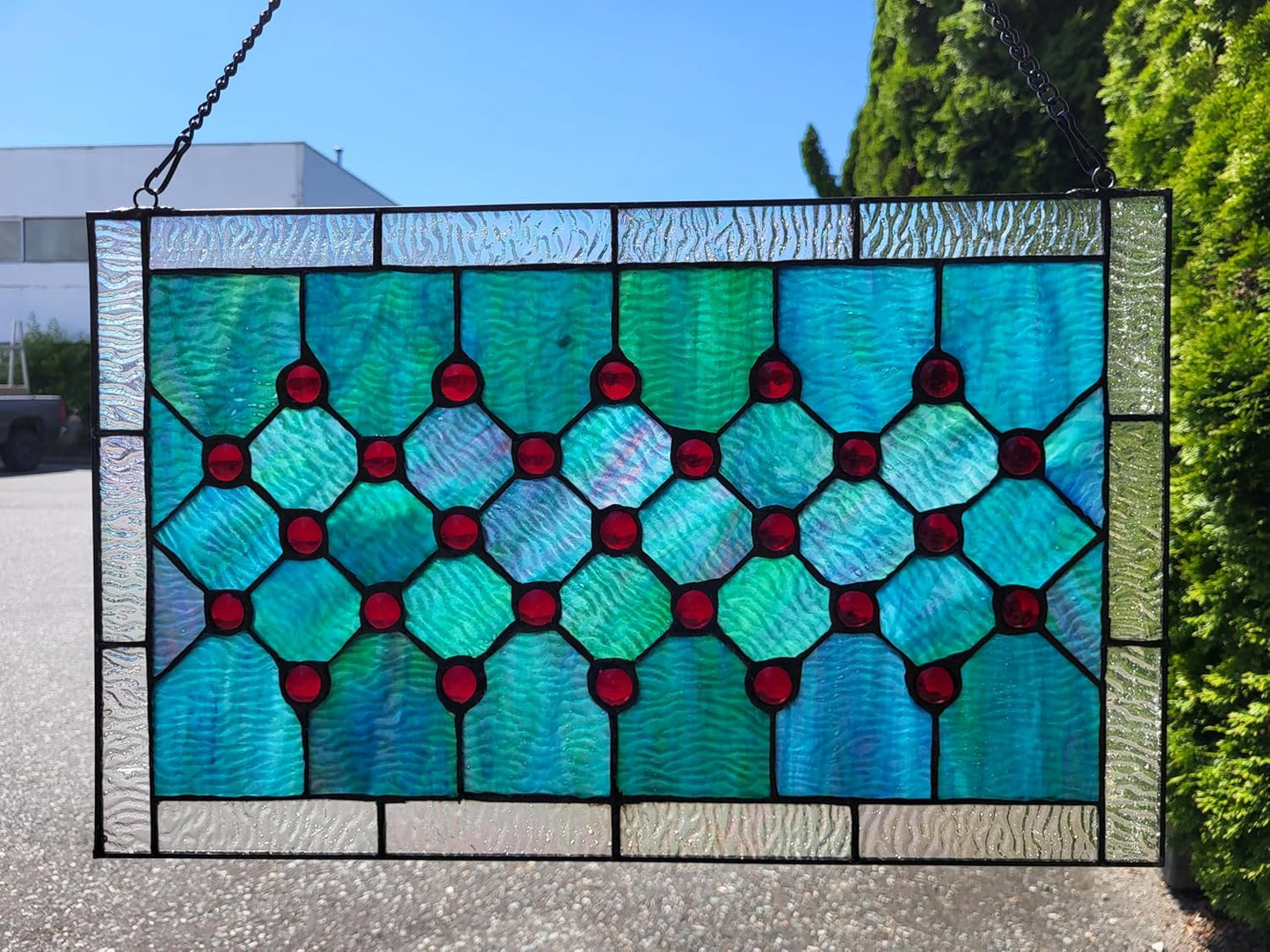 Tiffany-Style Stained Glass Window Panel, 100% Genuine Stained Glass and Cabochon, Handcrafted 73 Pieces, Blue/Green, Size: 19.25" x 11.75", Hanging Chain Included