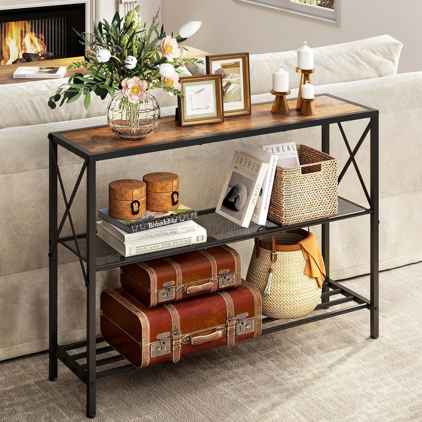 Hoctieon Industrial Console Table, 3 Tier Entryway Table, Hallway Table, Narrow Sofa Table with Shelves, Entrance Table for Entryway, Living Room, Foyer, Hallway, Office, Rustic Brown&Black