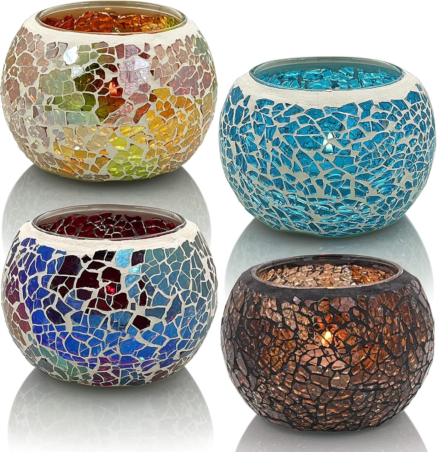 SHMILMH Mosaic Glass Candle Holder Set of 4, Votive Candle Holders Handmade Cracked Tealight Holders for Fall Christmas Diwali Home Decorations, Diwali Gift