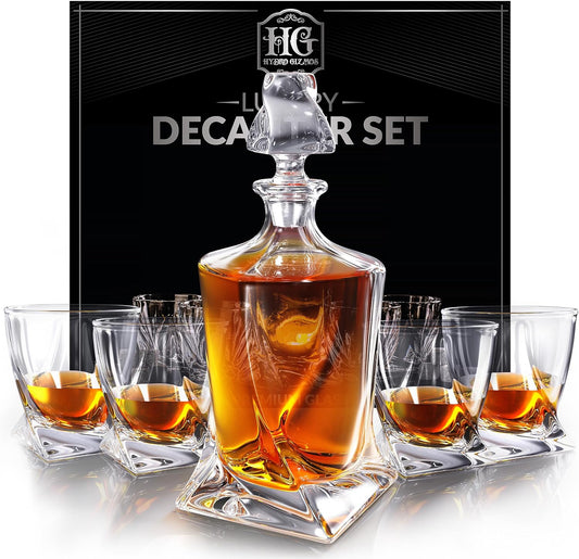 Whiskey Decanter Set for Men with 4 Drinking Glasses for Cognac, Bourbon, Rum, Scotch, Liquor Crystal Clear Decanter Sets House Warming Gifts New Home Whiskey Gifts for Men Dad Him