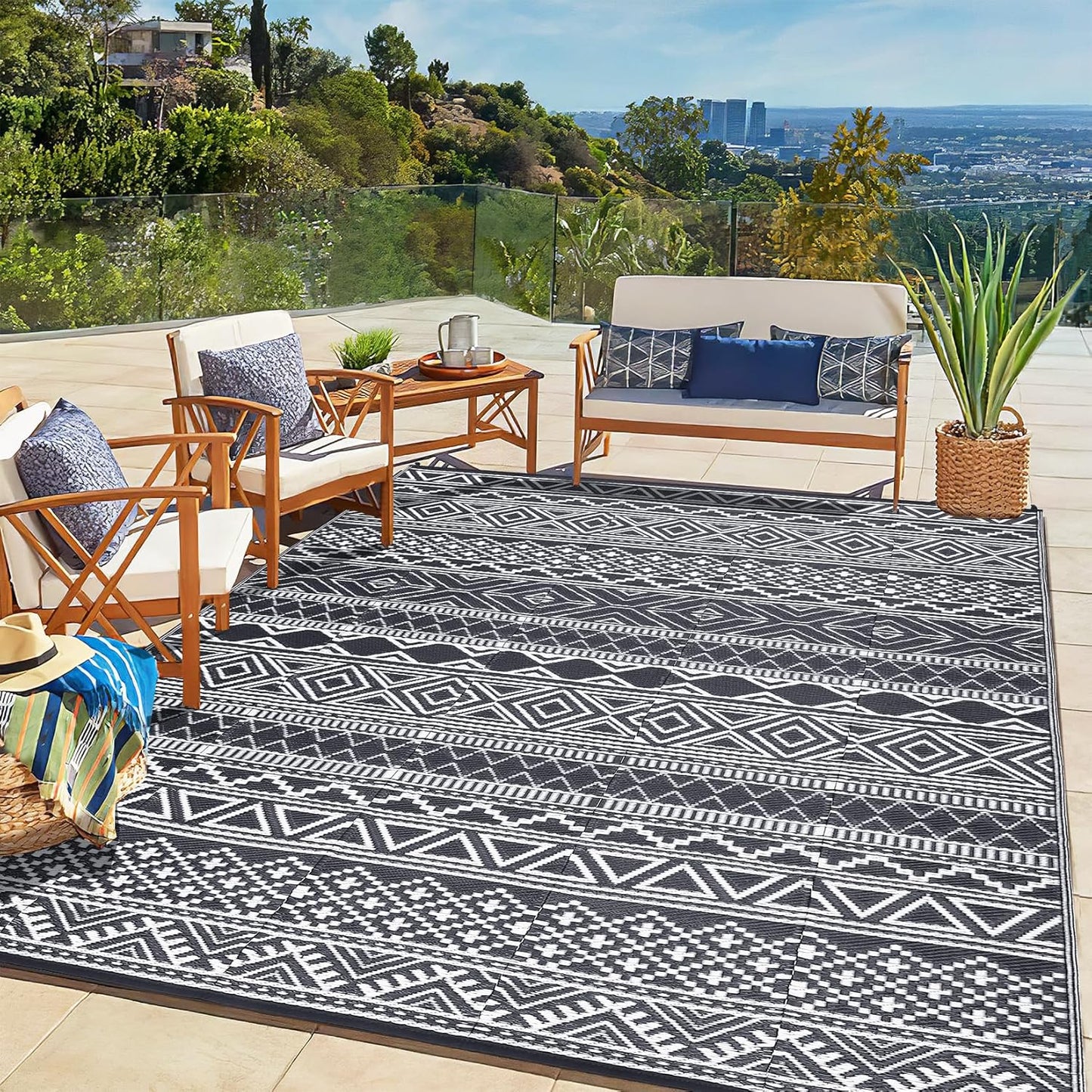 GAOMON Outdoor Rug Waterproof 8'x10', Reversible Outdoor Plastic Straw Rug, Boho Patio Rug, Indoor Outdoor Carpet, RV Mat Outside for Patio, Camp, Picnic, Balcony, Deck, Grey/White(Bohemia)