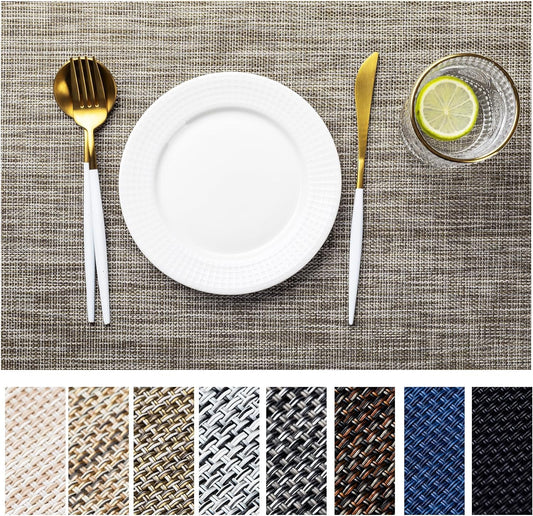 LEXMORE Placemats Set of 12 Vinyl/Plastic Woven Place Mats for Kitchen Table Indoor/Outdoor Washable Placemat Wipeable Dining Table Mats(A-Cappuccino)