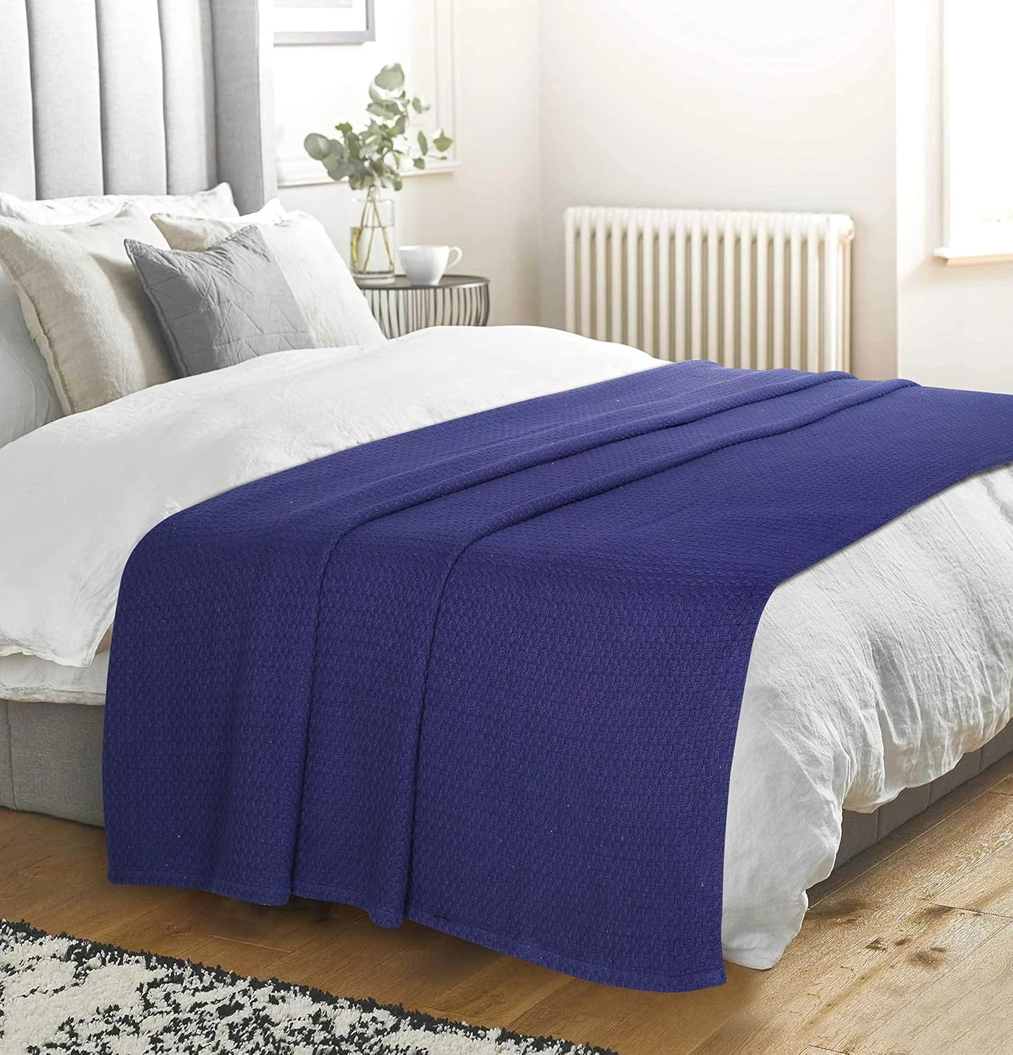 Elvana Home 100% Cotton Bed Blanket, Breathable Bed Blanket Queen Size, Cotton Thermal Blankets Queen, Perfect for Layering Any Bed for All Season, Navy Blue