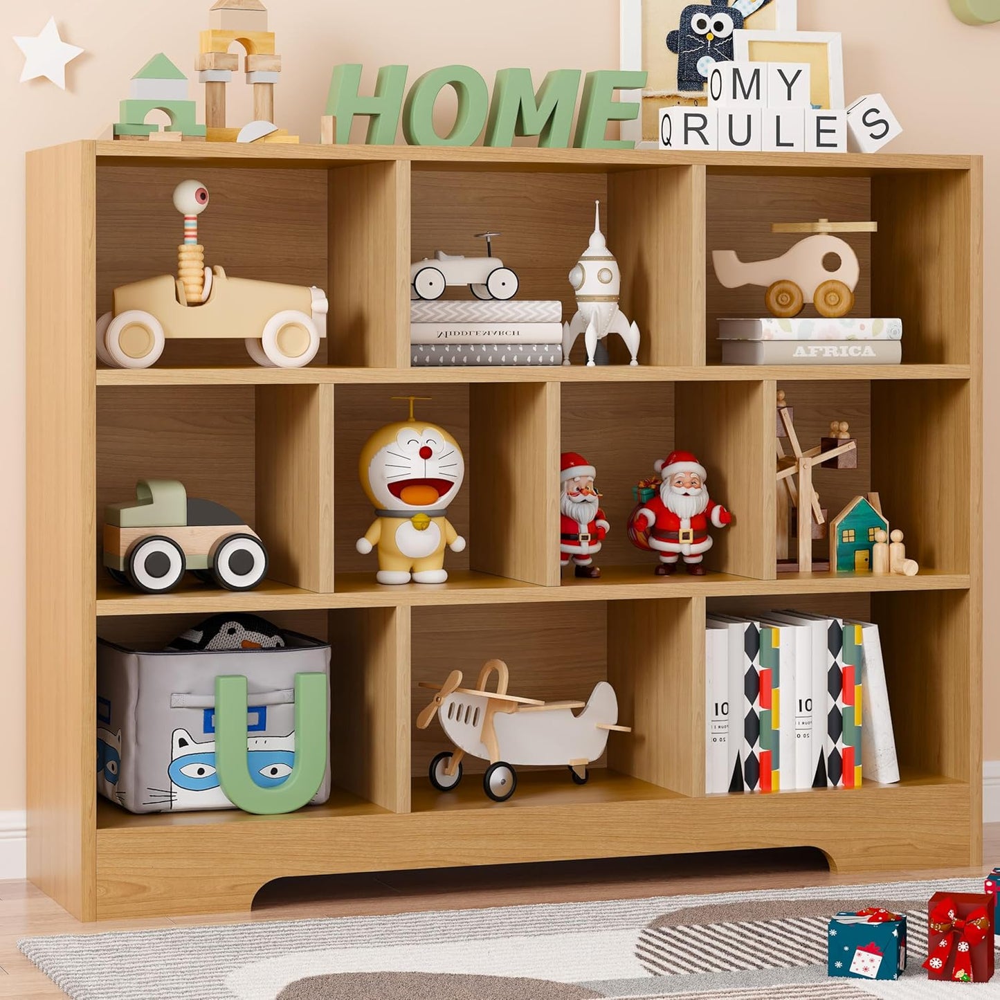 Book Shelf, 10 Cubes Storage Organizer, 3-Tier Open Shelf Wooden Bookcase, Freestanding Wooden Bookshelf Cube Shelf for Bedroom, Living Room