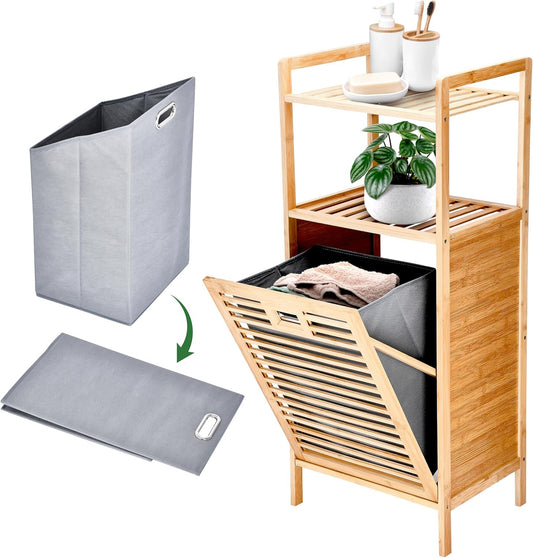 Prosumer’s Choice Bamboo Tilt-Out Laundry Hamper with 2-Tier Storage Shelves – Freestanding Clothes Hamper with Removable Liner, Space-Saving Design for Bathroom or Bedroom – 15.5”L x 11.8”W x 37.4”H