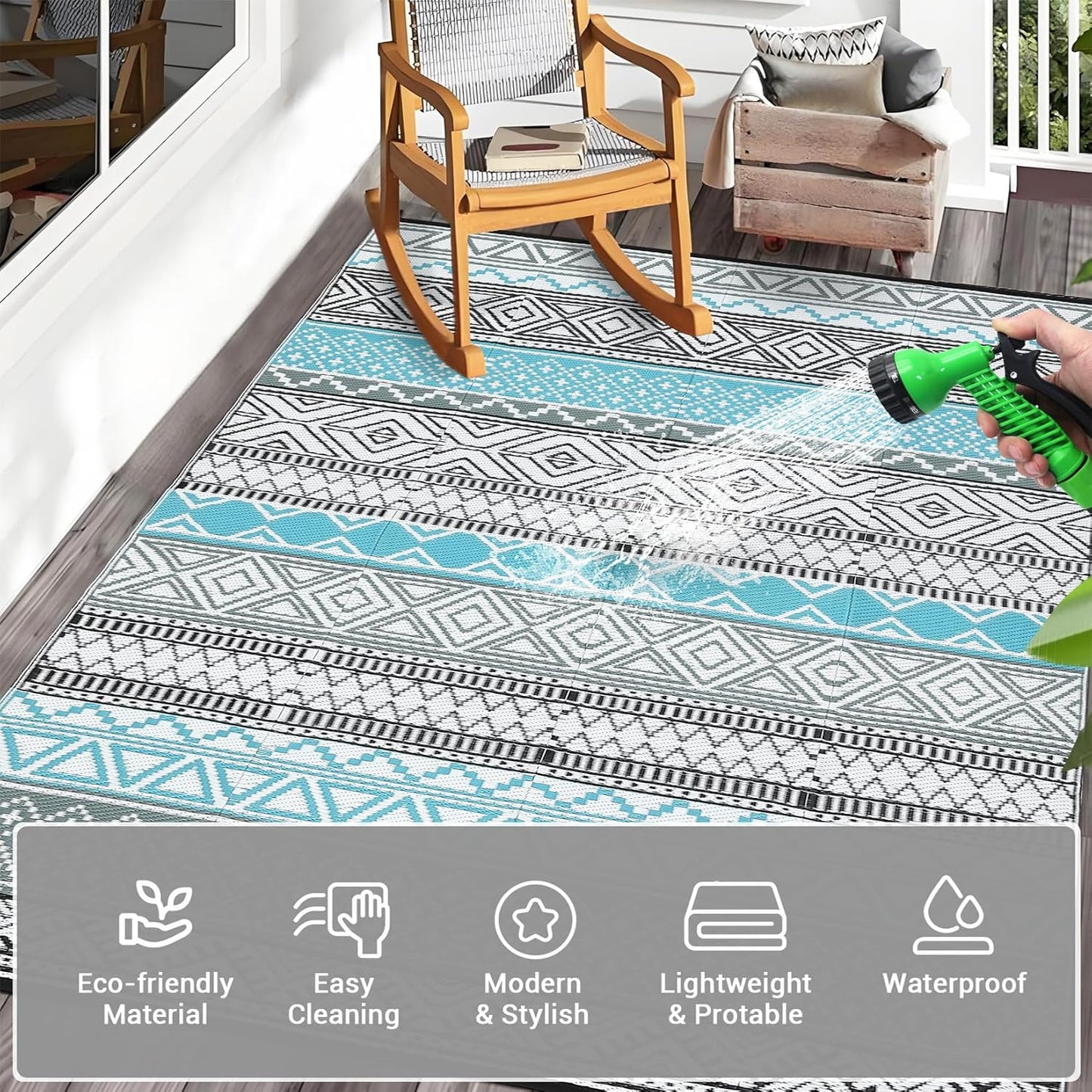 GAOMON Reversible Outdoor Rug 9'x18' Waterproof Plastic Straw Rug, Patio Rug, Large Modern Area Rug Carpet, Indoor Outdoor Rugs for Camping, Porch, Deck, Balcony, Backyard, Blue/Grey(Bohemia)