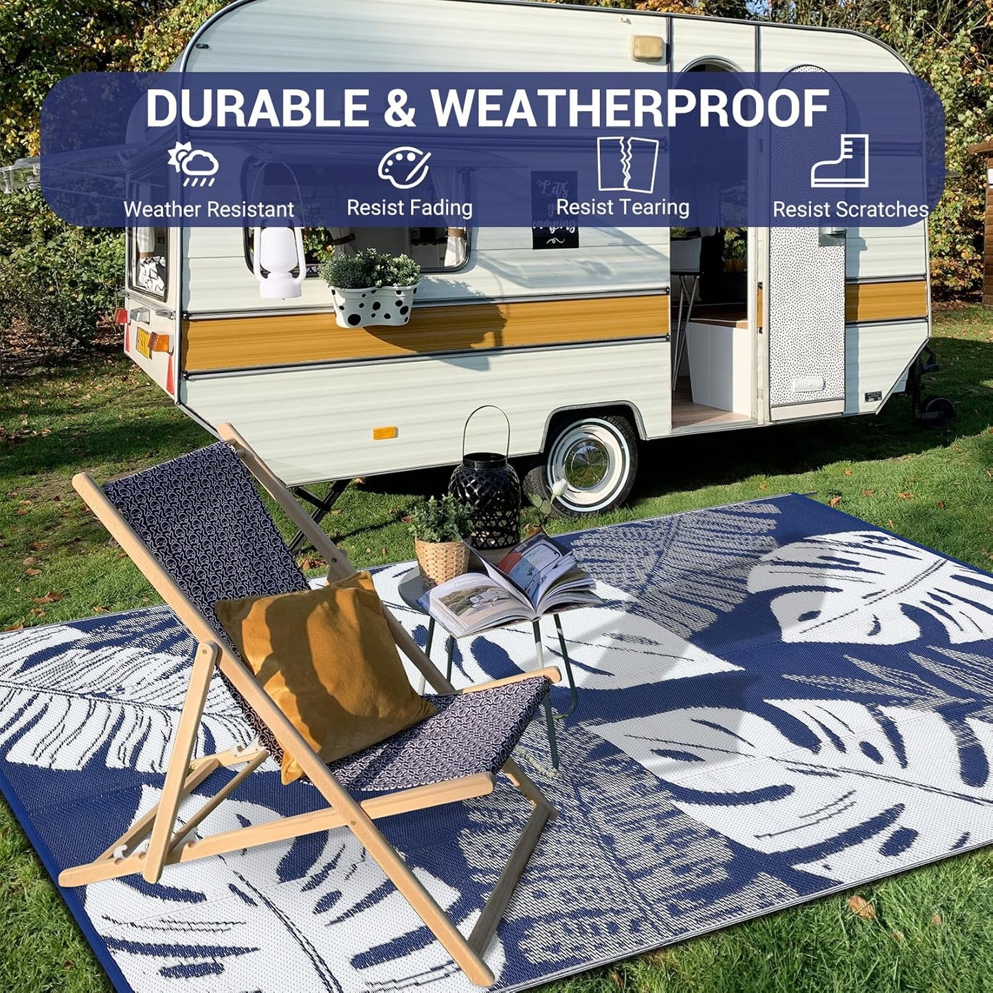 GAOMON Waterproof Plastic Straw Rug 9x12 Outdoor Patio Rugs, Reversible Modern Camping Mat with Bag & Stakes, UV Resistant & Easy to Clean Outdoor Carpet for RV, Deck, Balcony, Blue