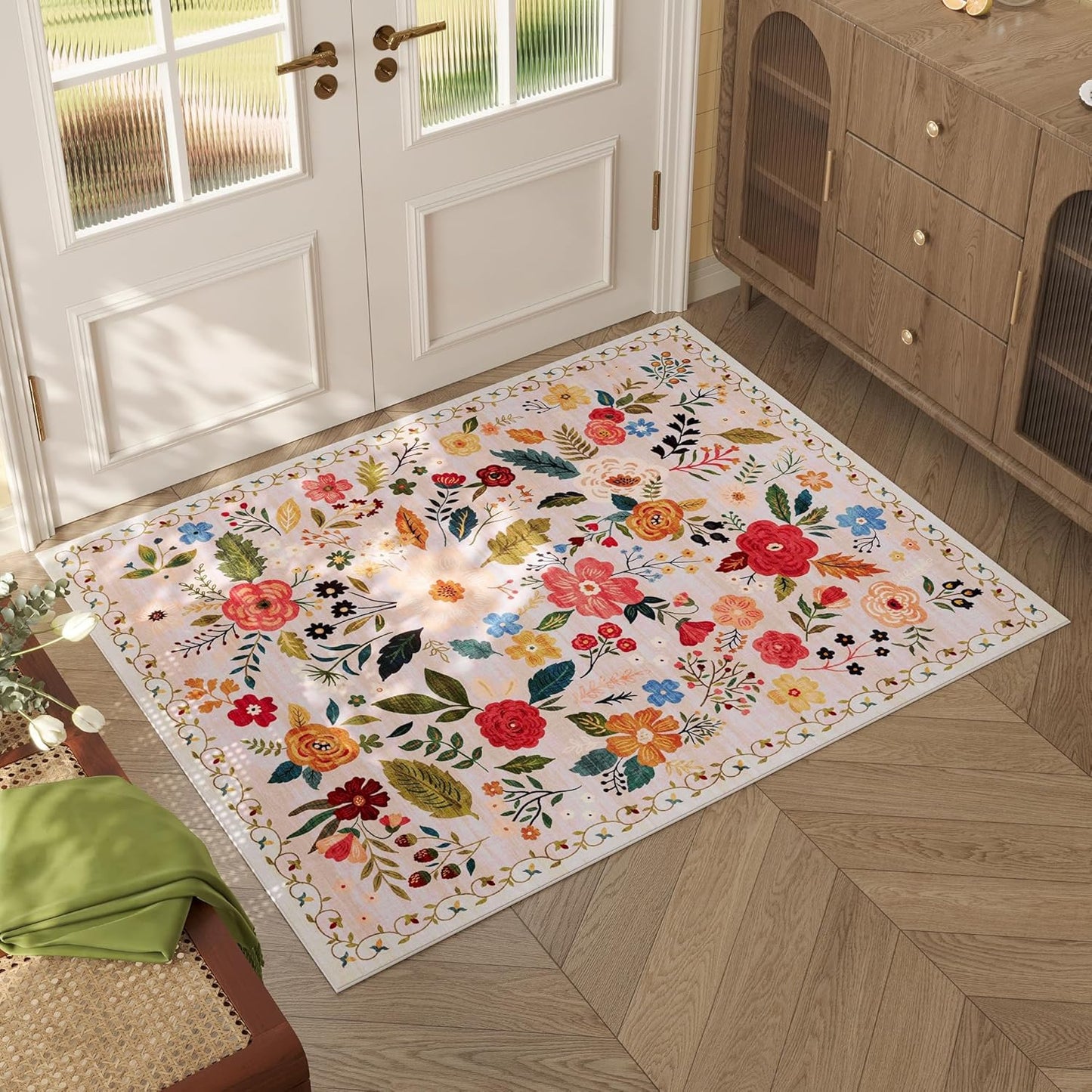 Door Mat Indoor Entrance 2x3 Rug Machine Washable Boho Floral Small Area Rug Non-Slip Low Pile Throw Rugs for Entryway, Kitchen, Front Door Indoor Entrance, Entry, Kids Room (Beige)