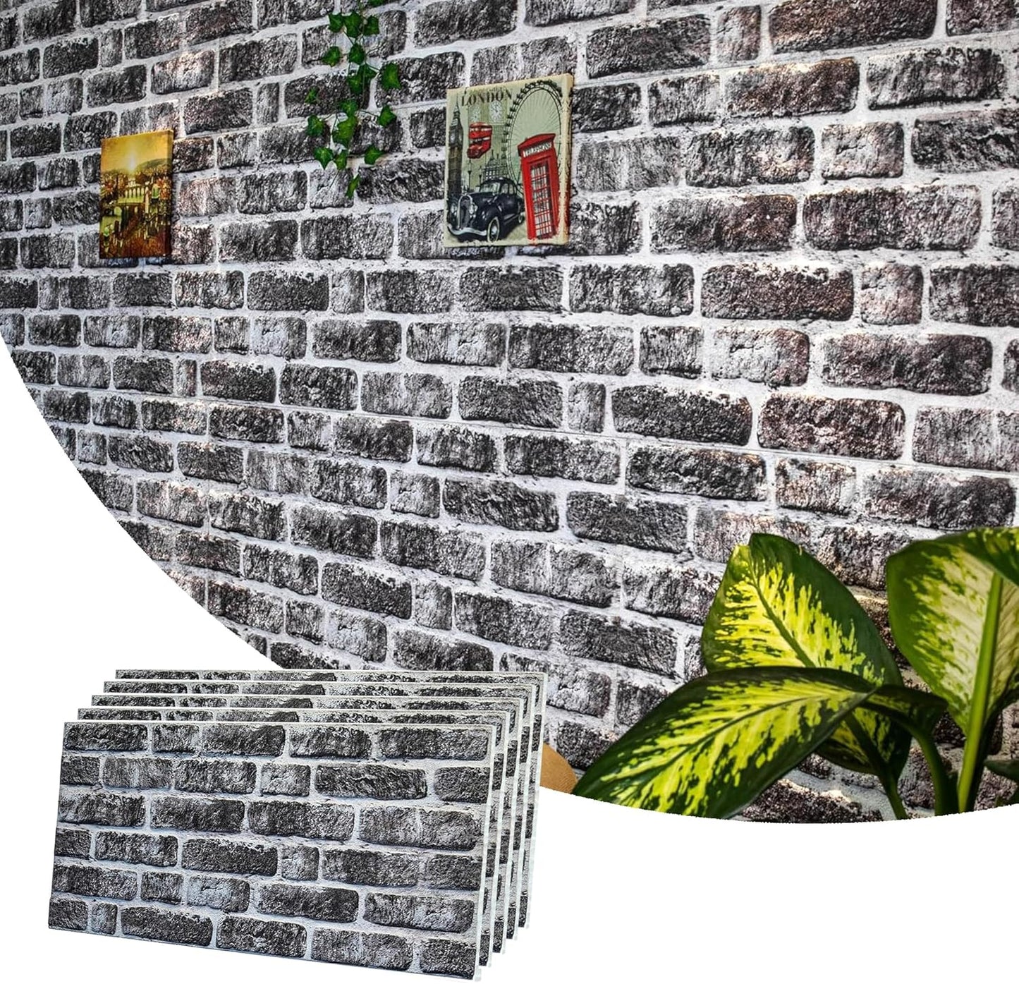 Dundee Deco 3D Wall Panels Faux Brick - Cladding, Charcoal White Stone Look Wall Paneling, Styrofoam Facing for Living Room, Kitchen, Bathroom, Balcony, Bedroom, Set of 5, Covers 27 sq ft