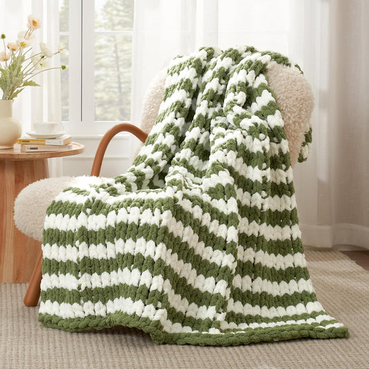 Amélie Home Chunky Knit Throw Blanket for Couch, Soft Chenille Crochet Blanket for Sofa, 50"x60", Sage Green & White Striped