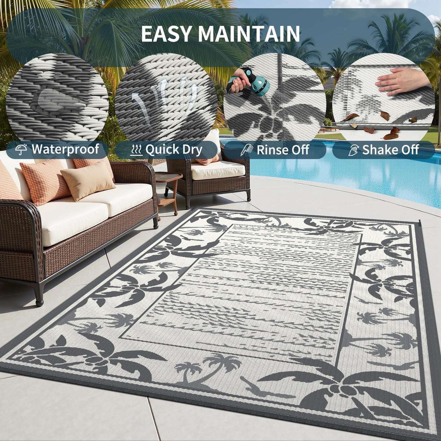 COCOER Outdoor-Rug 9x12 ft Waterproof Outdoor Plastic Straw Rug Reversible RV Indoor Outdoor Carpet Quick Dry Patio Rug Camping Mat for Balcony Backyard Picnic Beach-Grey&Beige