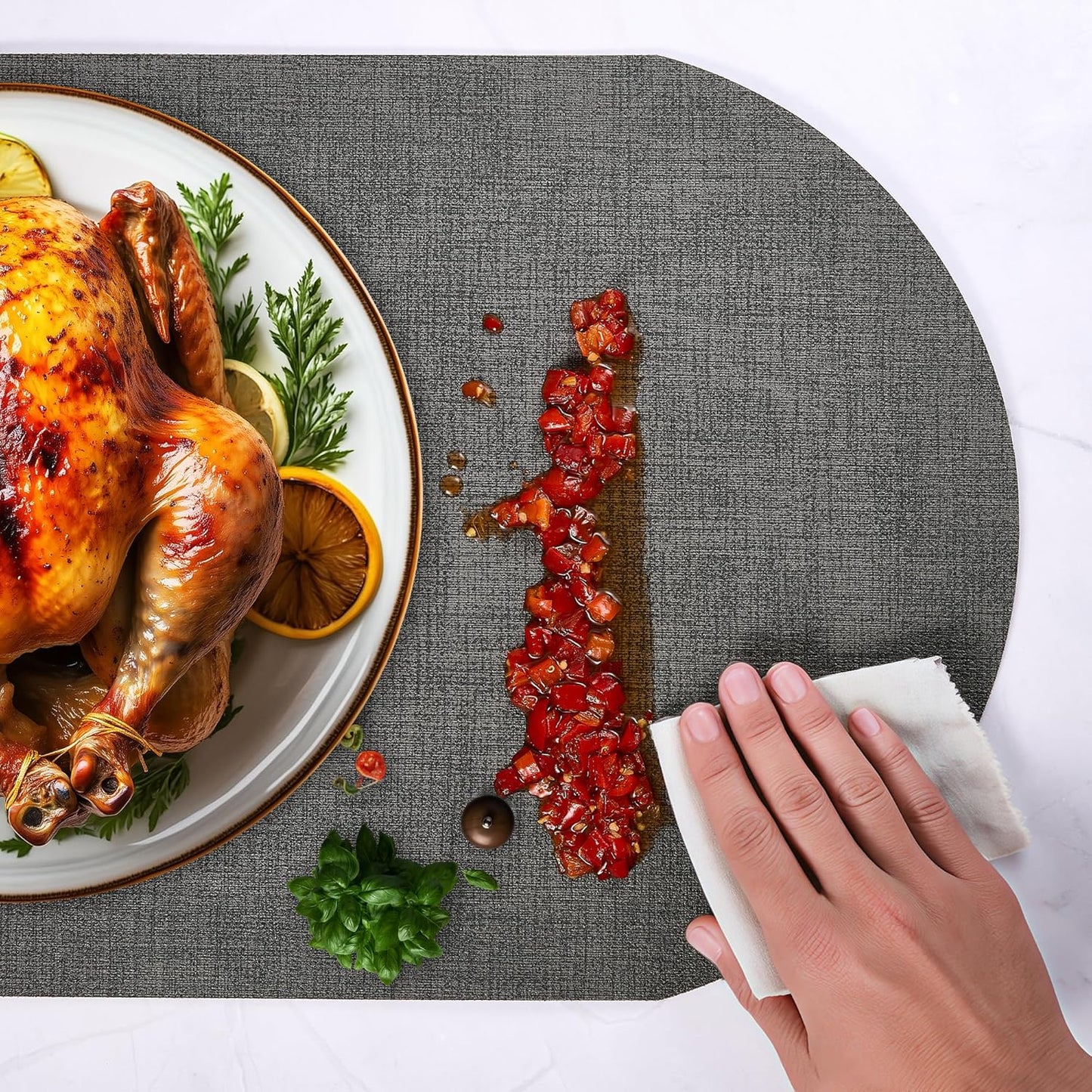 DOLOPL Large Placemats Set of 6, Oval Reversible Wipeable & Non-Slip Place Mats, Modern Faux Leather Table Mats for Kitchen, Neutral Tablemats for Dining Table Decor, Wedding, Party(Charcoal)