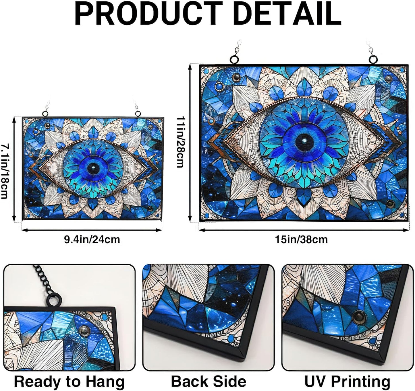 Rectangle Evil Eye Suncatchers for Windows, Stained Glass Window Hangings,Hand-Painted Glass Panel Perfect for Home Décor