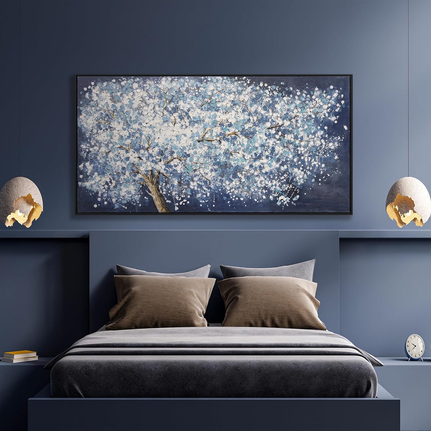 Canvas Wall Art Wall Decor Bedroom Pictures Wall Decoration Dark Blue And White Abstract Tree Plants Artwork Abstract Wall Art Large Size Modern Painting Framed Pictures For Living Room Home Kitchen Office 29"X58"