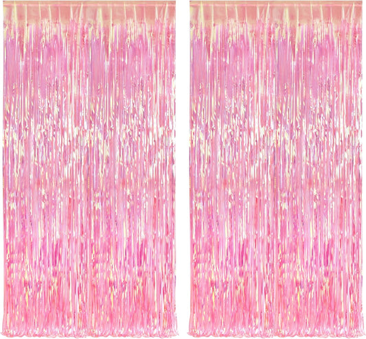 BRAVESHINE Clear Pink Streamers Party Decorations Iridescent Foil Fringe Backdrop - 2 Pack 3.2 x 6.5 ft Holographic Tinsel Curtain Party Photo Backdrop for Valentine’s Girl Birthdays Engagement Decor